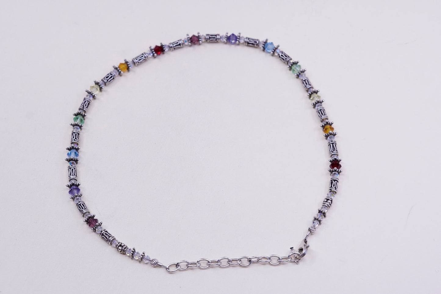 16+2”, sterling silver handmade beads necklace, 925 beads with crystal beads
