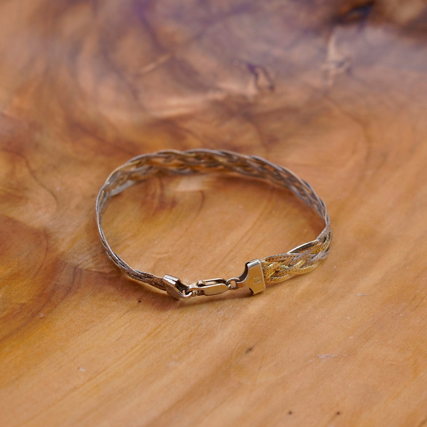 6.75”, vermeil gold Sterling 925 silver braided woven herringbone bracelet