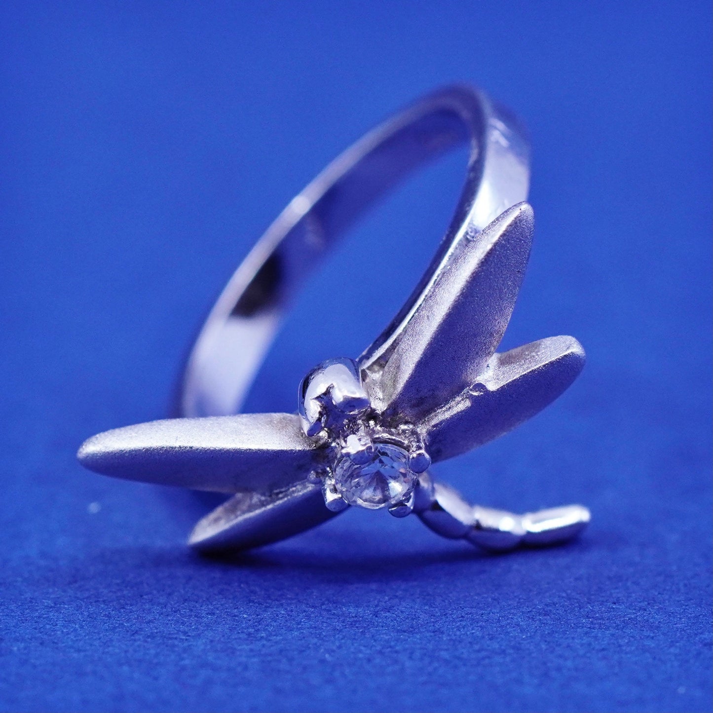 Size 4.5, vintage Sterling silver handmade ring, 925 dragonfly band with cz