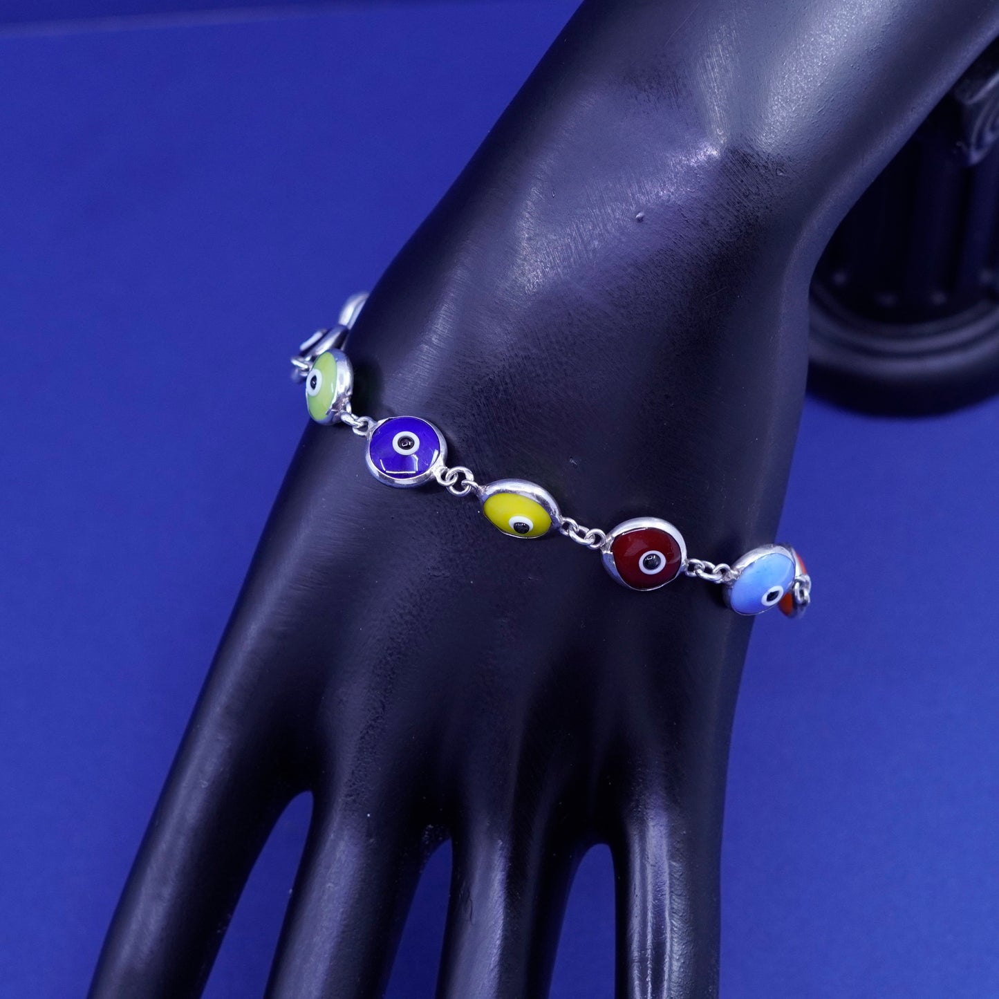 7”, vtg ATI handmade sterling 925 silver bracelet, colorful glass evil eye bead