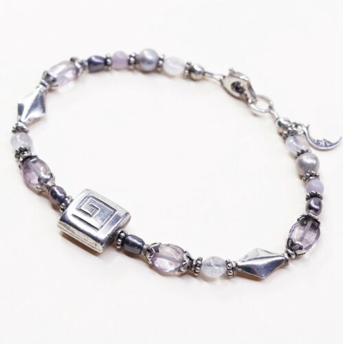 7.25”, Vtg Sterling Silver Handmade bracelet W/ Gray Pearl Beads N Moon Charm