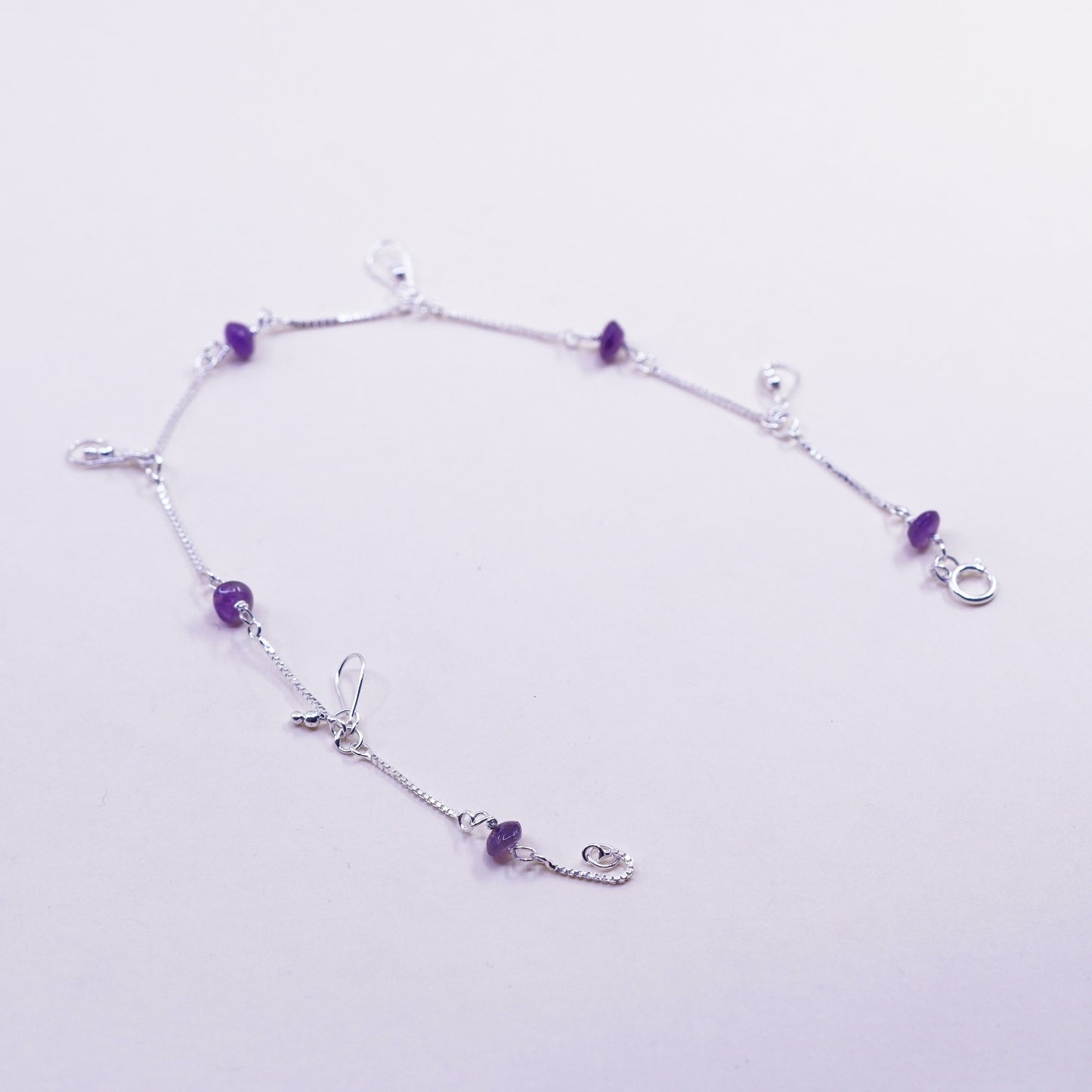 9.5”, Vintage sterling silver bracelet, Italy 925 box anklet amethyst beads