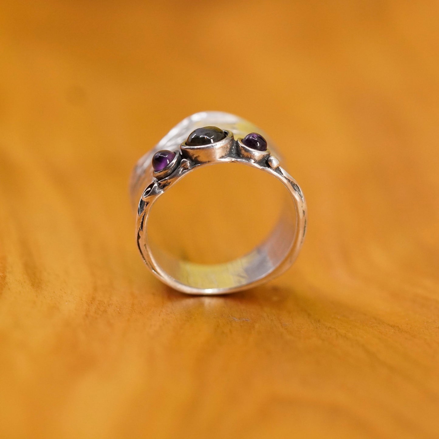 Size 7, Israel Sterling silver ring, 925 statement wide band moonstone amethyst