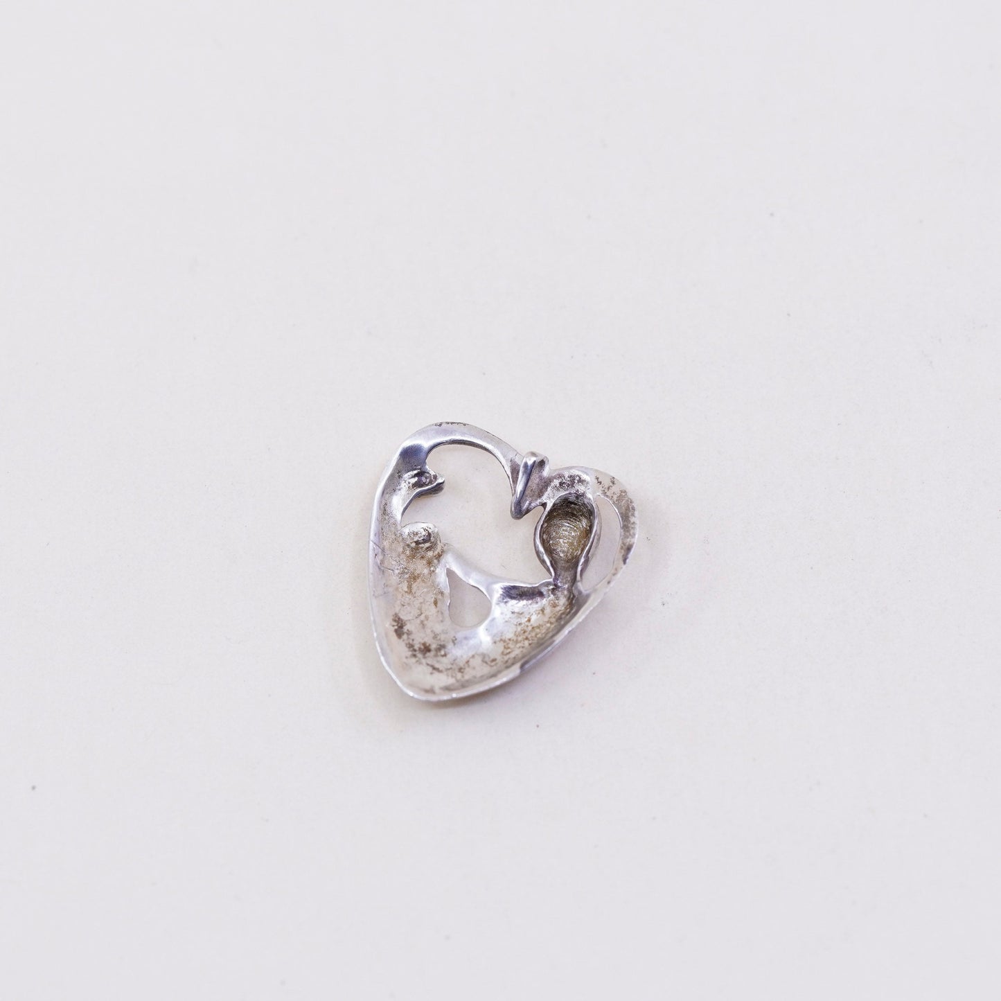 Vintage sterling silver handmade pendant, heart 925 pendant, Mother and baby