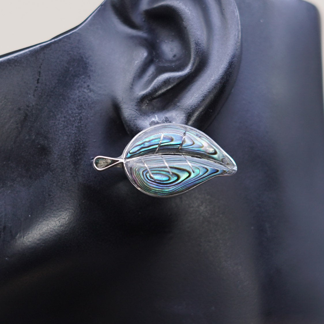 Vintage PA Sterling 925 silver handmade screw back earrings w/ abalone leaf
