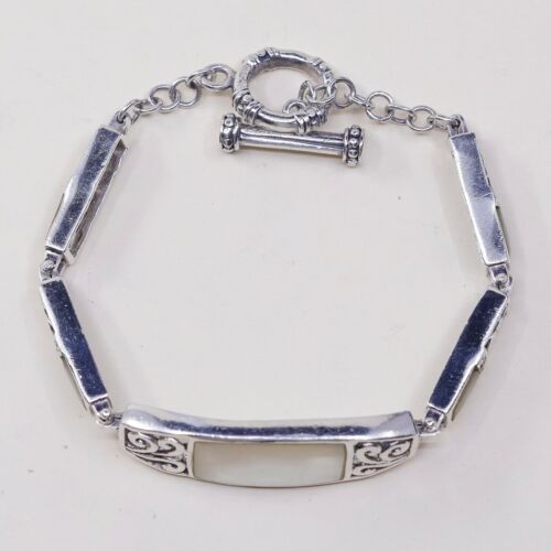 6.75”, Vtg Handmade White Mother Of Pearl Disc Bracelet 925 Sterling silver Bali