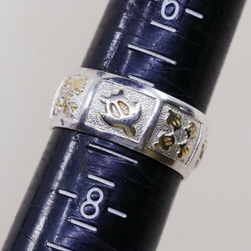 Size 7, Vtg UF Two Tone Turtle Sterling Silver Handmade Statement Ring 925 Band