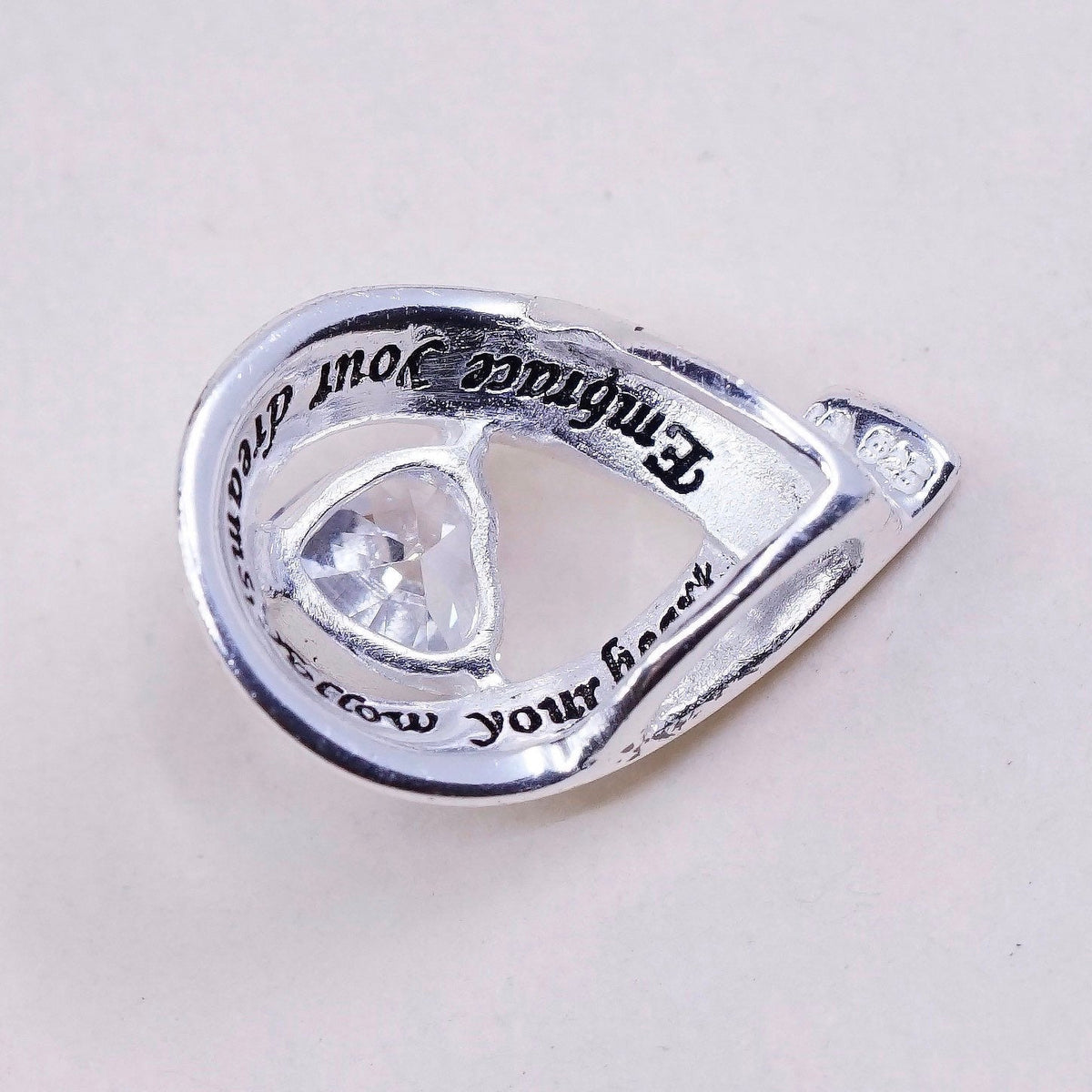 Sterling silver pendant, 925 w/ teardrop crystal “embrace dreams, follow heart”