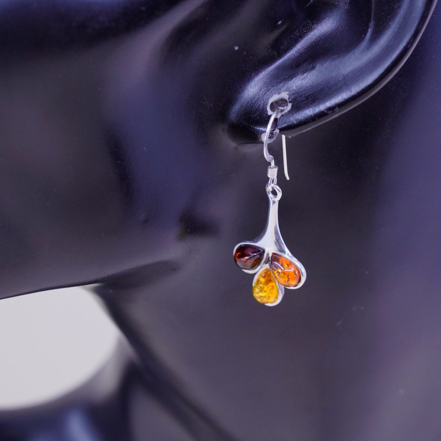 Vintage sterling 925 silver handmade earrings with teardrop honey Amber, silver tested