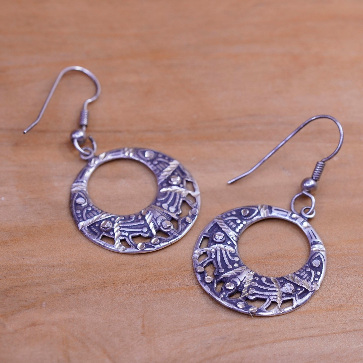 Vintage Sterling silver handmade earrings, 925 textured circles dangle