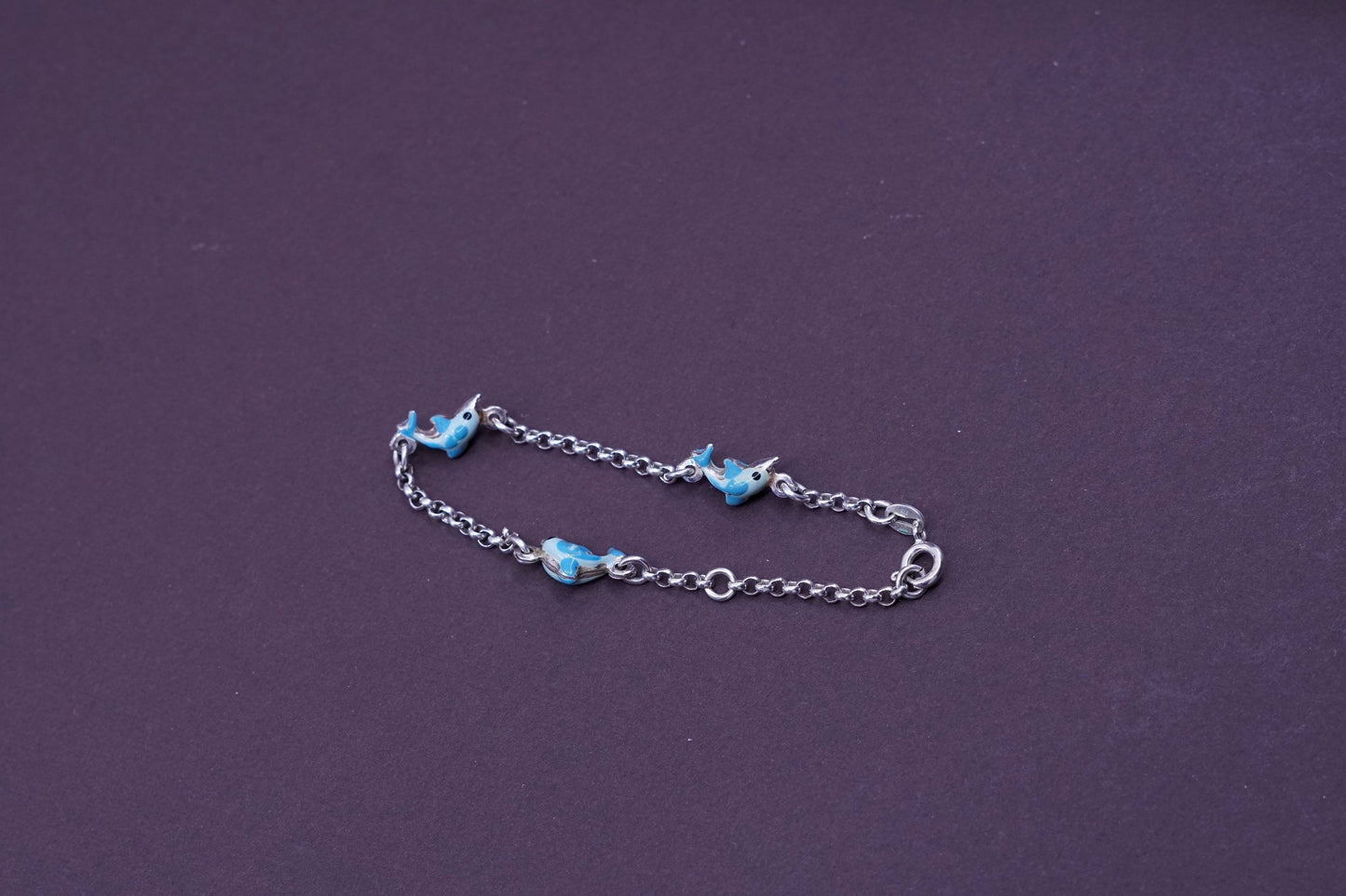 5.5”, sterling 925 silver handmade bracelet, circle chain w/ enamel dolphin