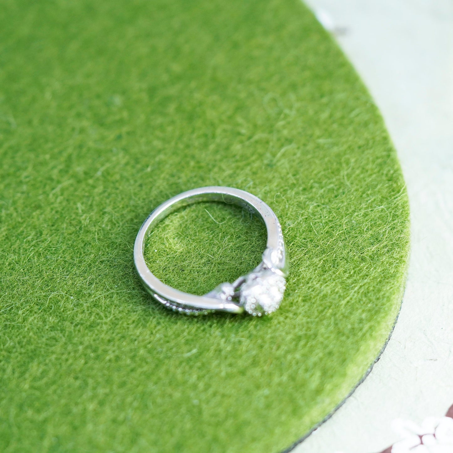 Size 7, Sterling silver engagement ring, 925 heart band with real diamond
