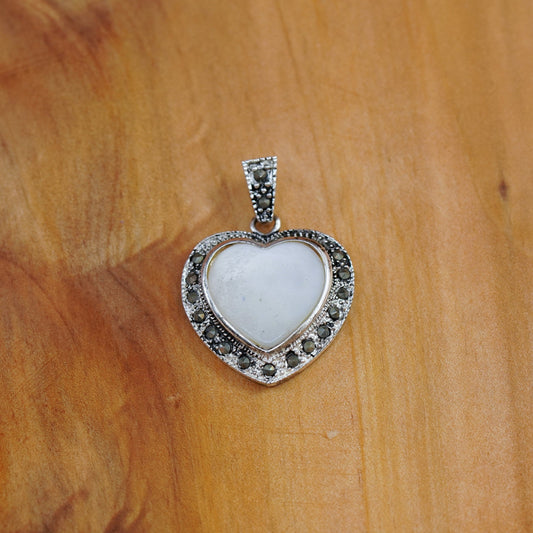 Vintage Sterling 925 Silver Handmade heart Pendant with moonstone and marcasite