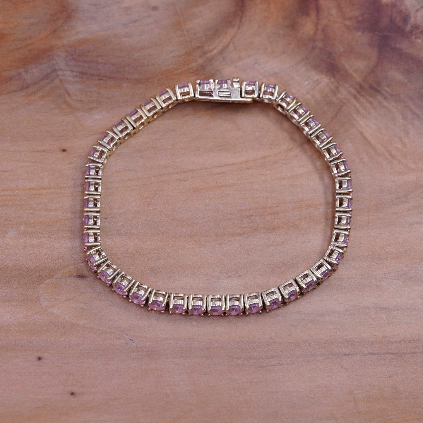 6.75”, vermeil gold Sterling 925 silver tennis bracelet, chain pink crystal