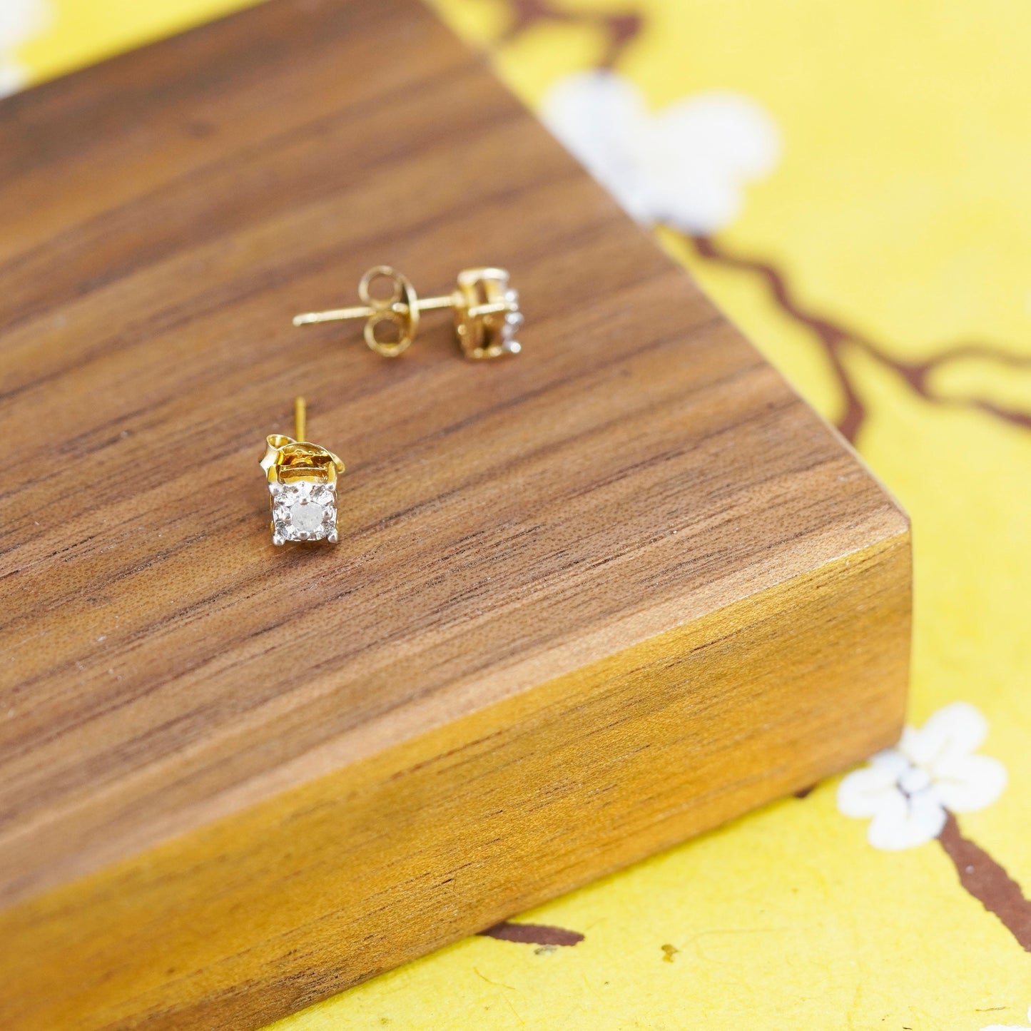 Vintage vermeil gold over Sterling silver earrings studs with genuine diamond
