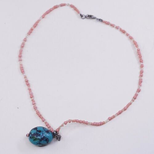 16”, Vtg Handmade Sterling 925 Silver W/ green turquoise Necklace N Coral Beads