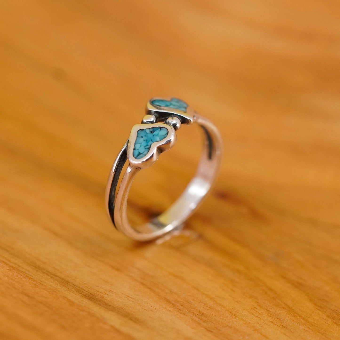 Size 6, vintage Sterling silver handmade ring, mexico 925 heart band turquoise