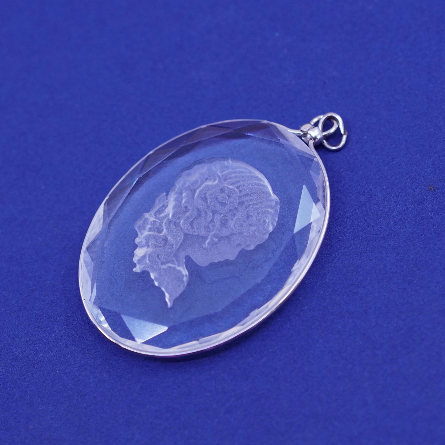 Vintage Sterling 925 silver with oval artisan glass pendant with woman portrait