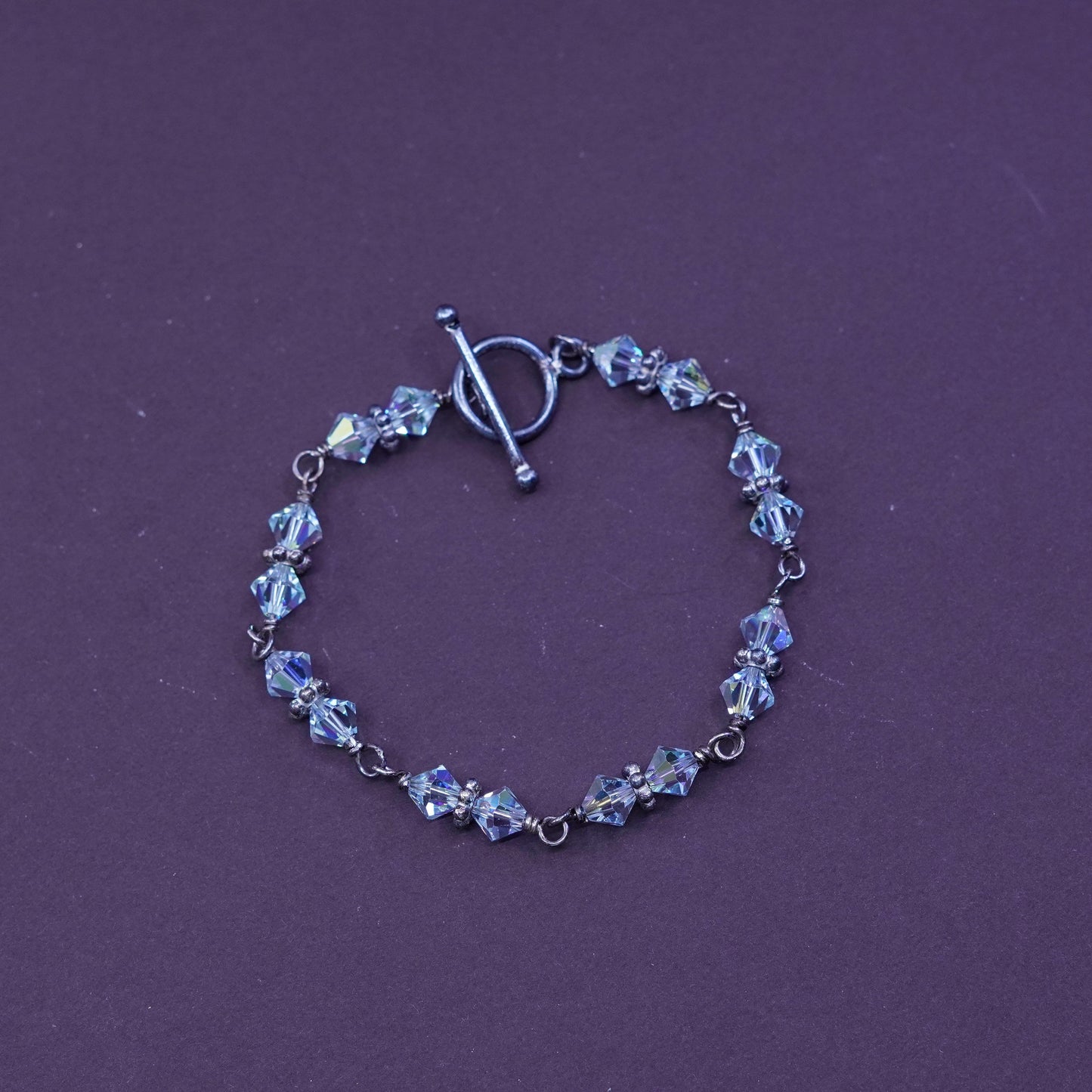 6.75”, vintage Sterling silver handmade bracelet, 925 chain with crystal beads