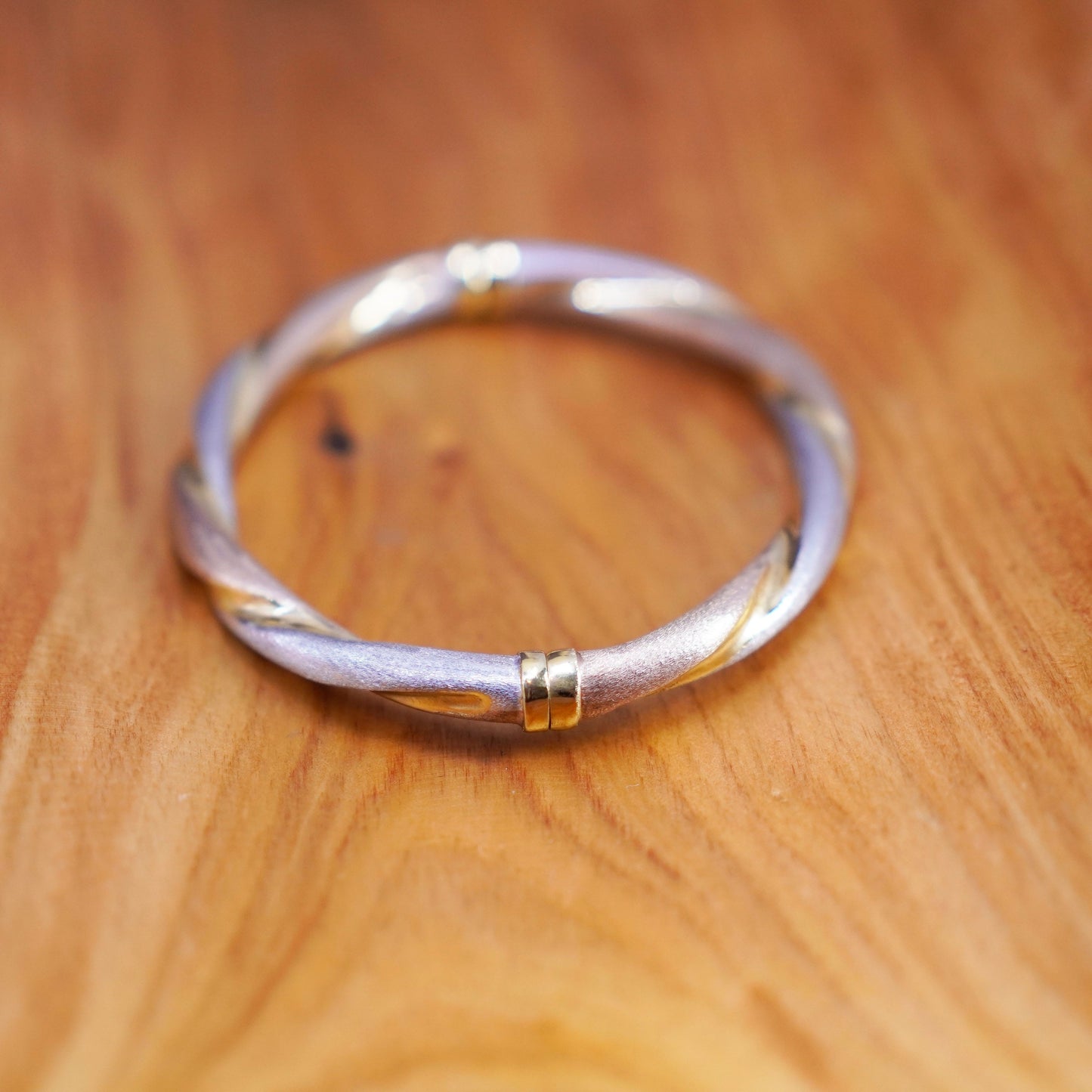 7.25”, triple tone gold over Sterling silver bracelet, matte 925 twisted bangle