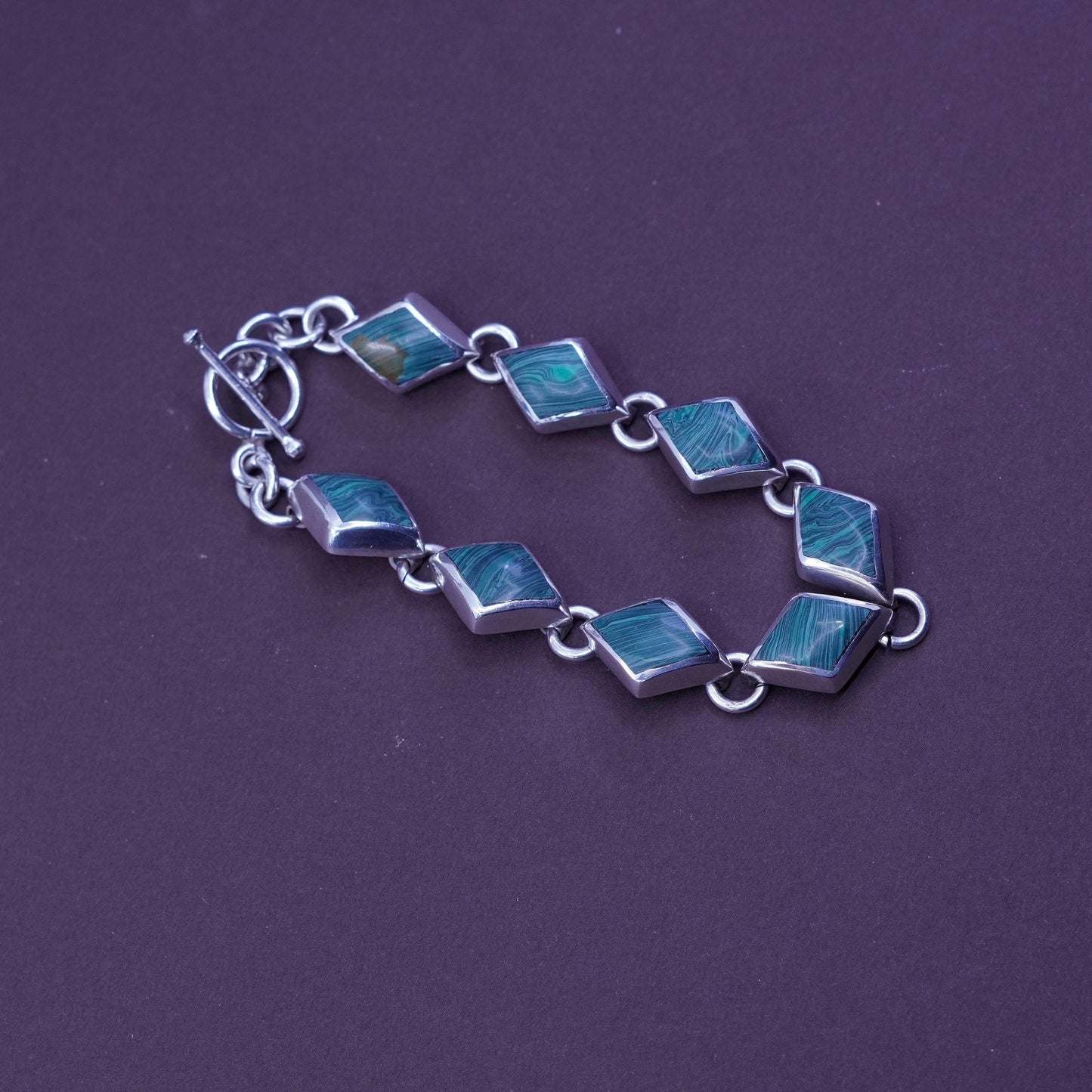7”, vintage Sterling silver handmade bracelet, Mexico 925 link with malachite
