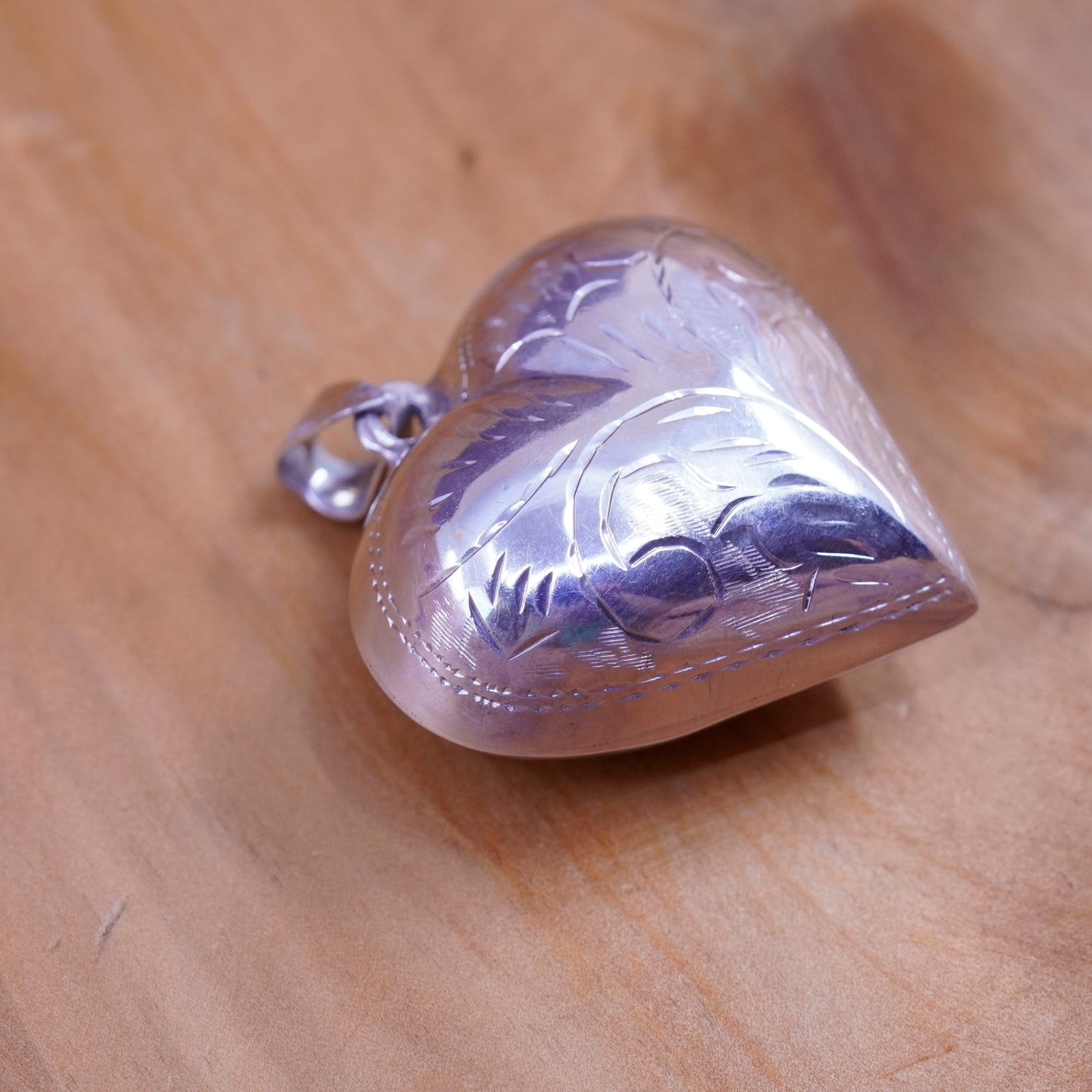 Vintage Sterling silver handmade heart pendant, puffy textured 925 heart