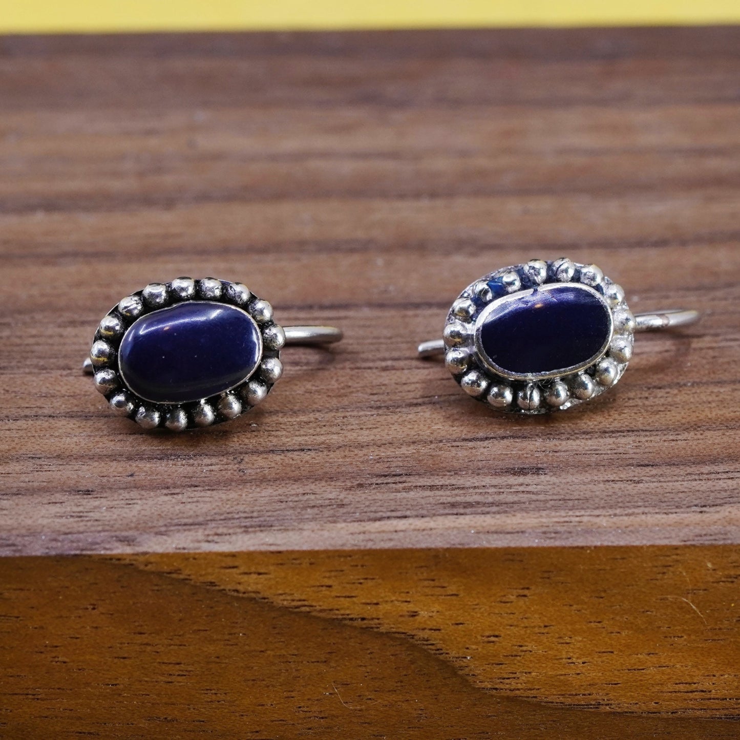 Vintage Sterling 925 silver handmade earrings with oval onyx and beads