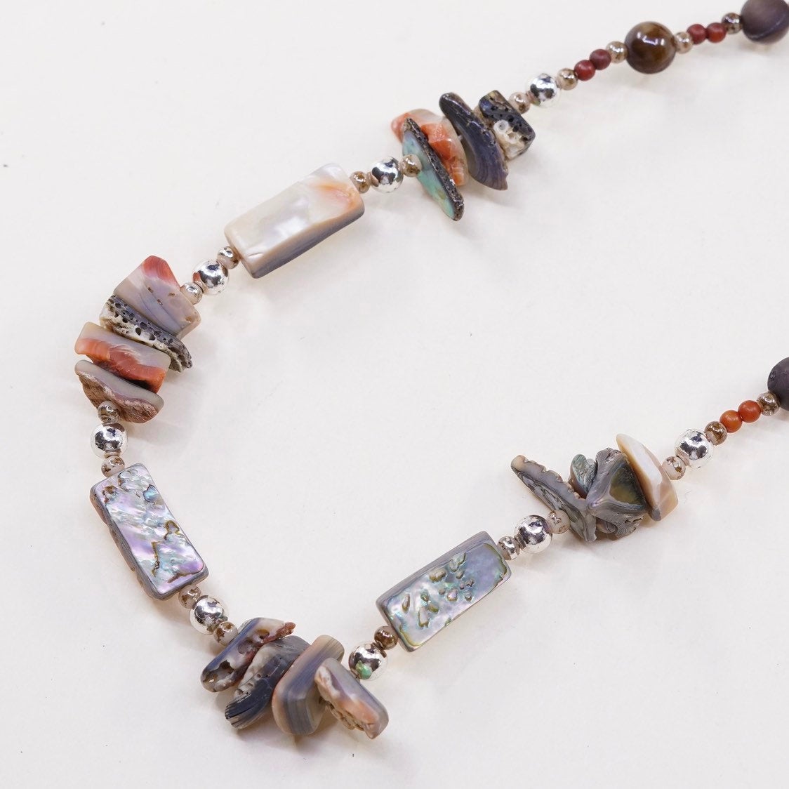 26”,vtg handmade golden tiger eye abalone beads necklace w/ 925 sterling clasp