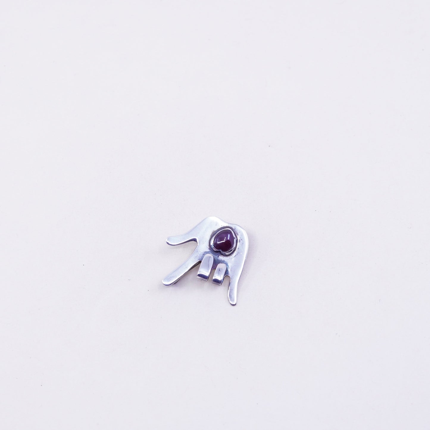 Vintage sterling silver handmade brooch 925 rocker rock hand gesture pin garnet