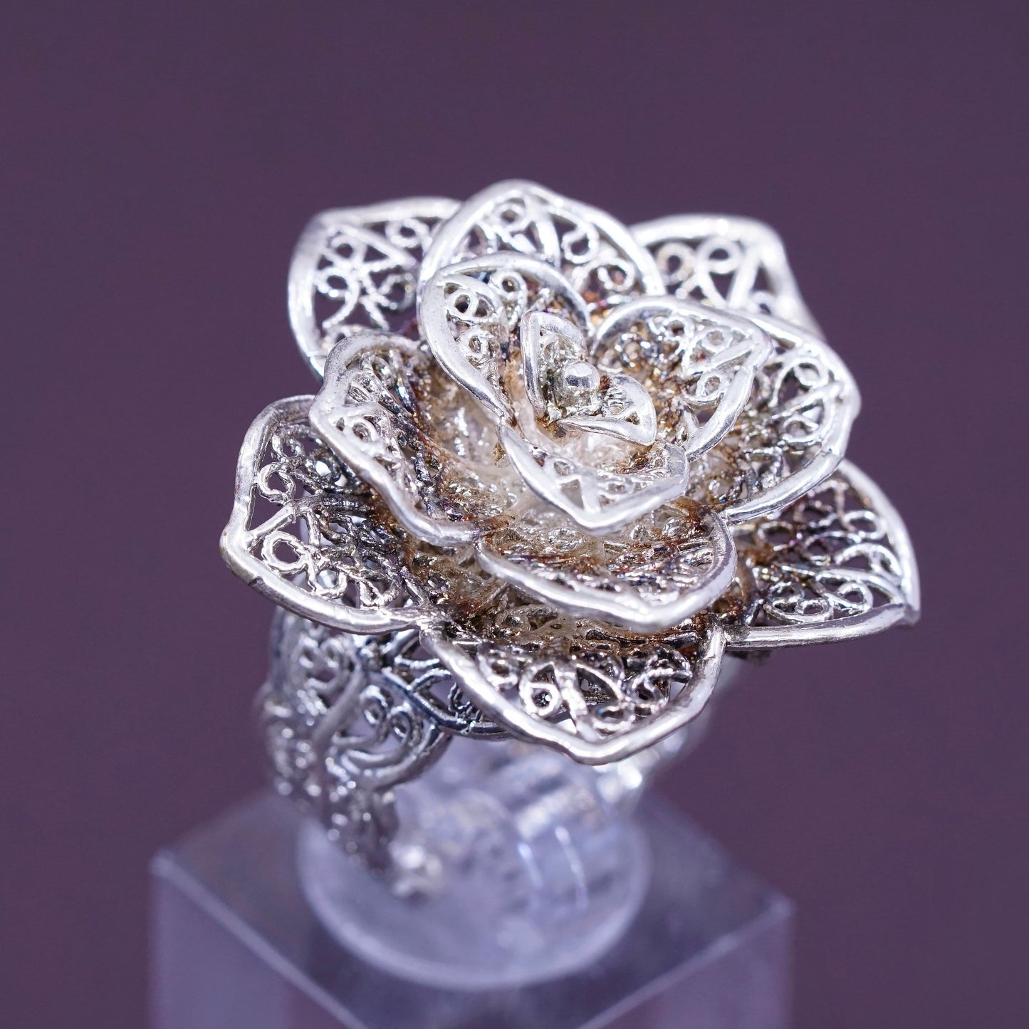 sz adjustable, vtg Sterling silver handmade cocktail ring, 925 filigree flower