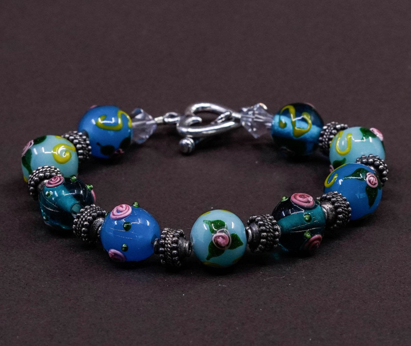 6.25", vtg Sterling 925 silver handmade bracelet, artisan glass beads w/ flower