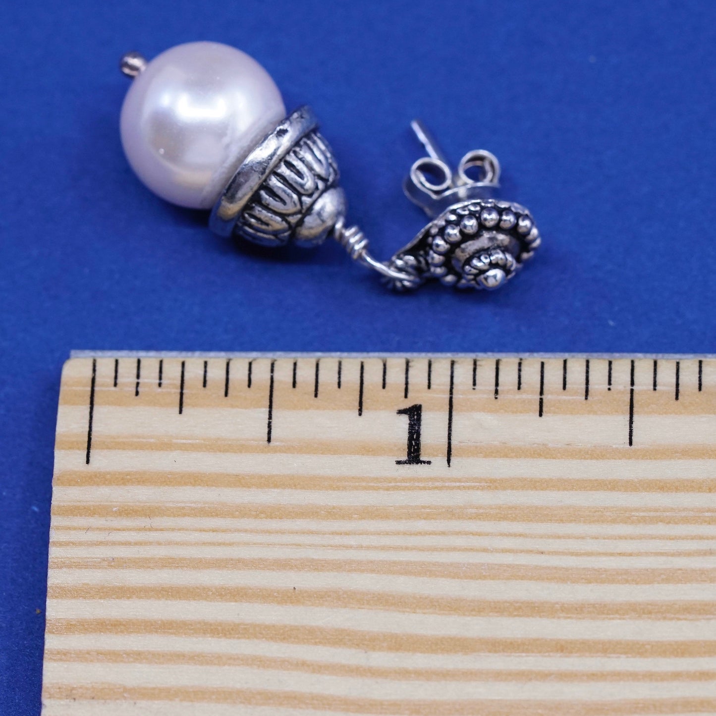 Vintage Sterling silver handmade earrings, bali 925 silver with pearl drops