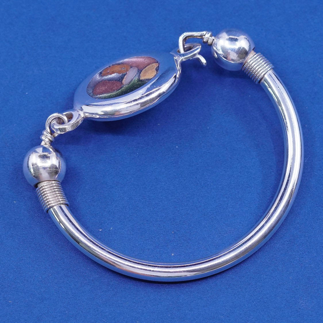 6.5", vtg Sterling silver handmade bracelet, bold 925 hinged bangle w/ resin