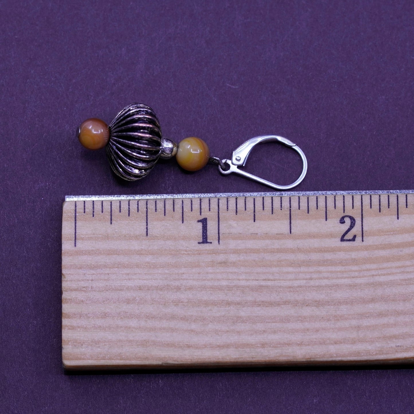 Vintage Sterling 925 silver handmade earrings with golden cat’s eye drops beads