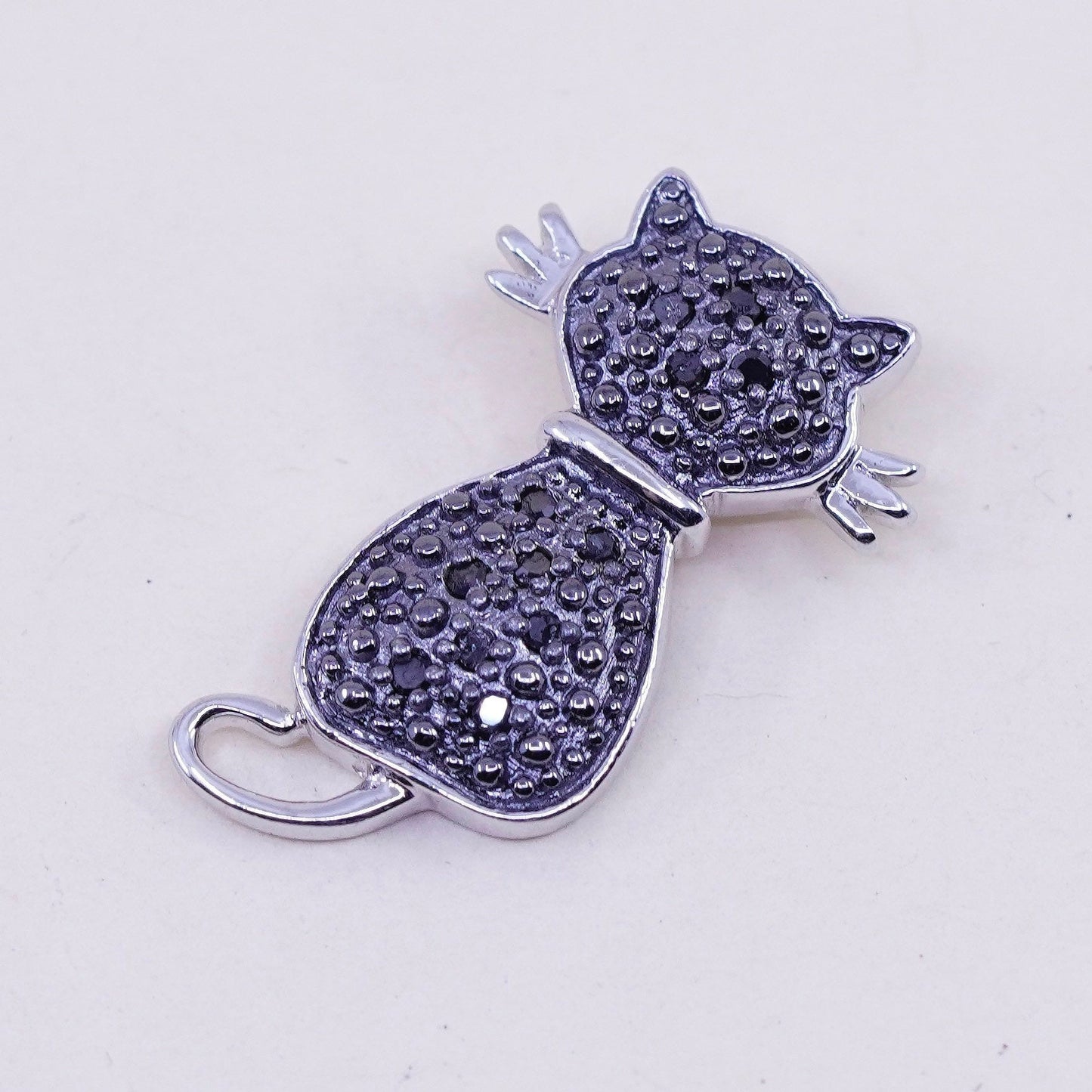 Vintage Sterling silver handmade pendant, 925 kitty cat with black diamond