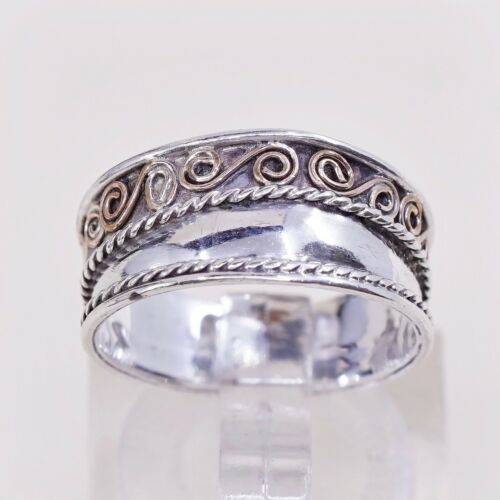 Size 5, Vtg Two Tone Sterling Silver Handmade Ring 925 Band W/ Swirl Texture