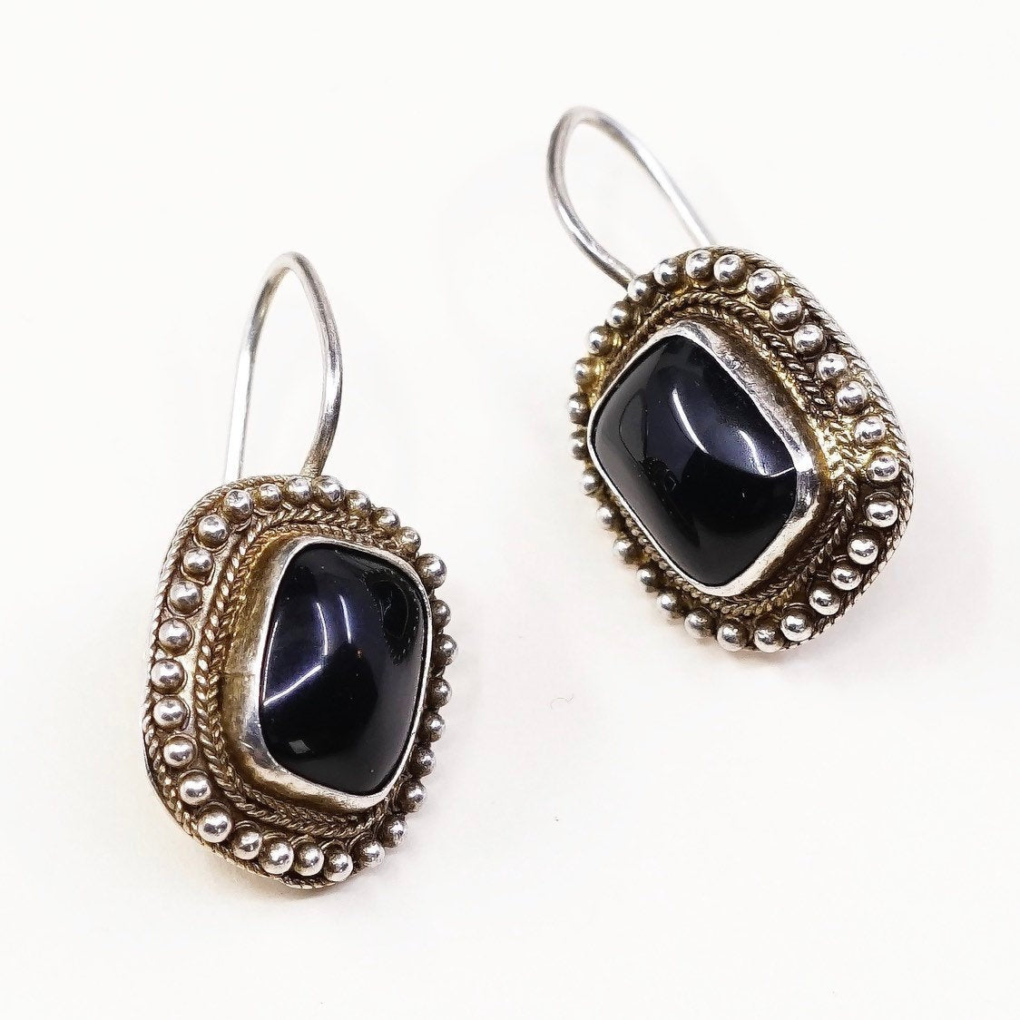 VTG gold over Sterling silver handmade earrings, 925 drops w/ obsidian n beads