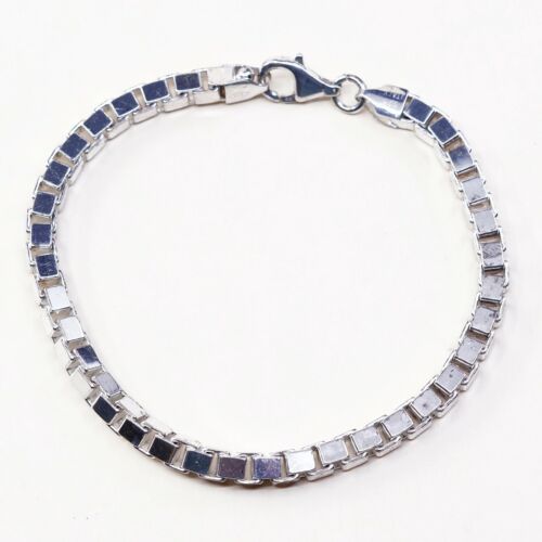 7.5”, 5mm, Vtg Sterling Silver bracelet, 925 Italy Solid Box chain, Stamped 925
