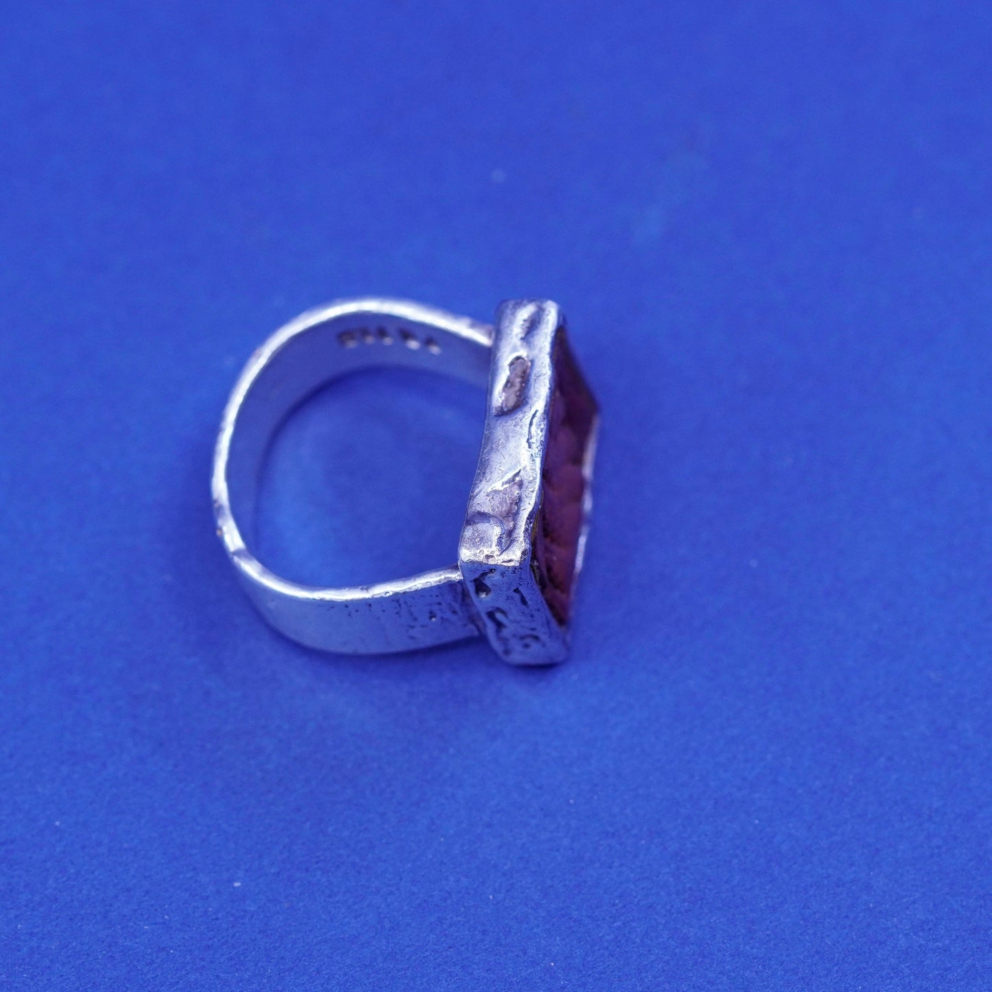 Size 8.5, Vintage Peyote Bird Sterling silver handmade ring, 925 square leather