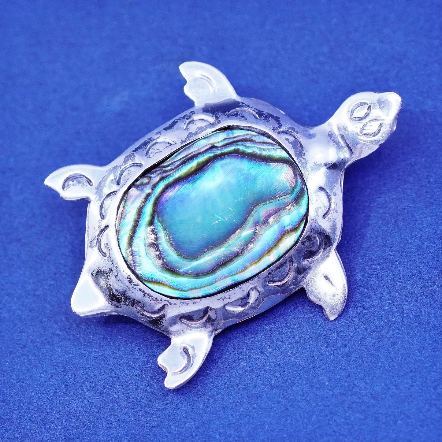 Vintage Taxco Sterling silver handmade brooch, 925 turtle pin with abalone