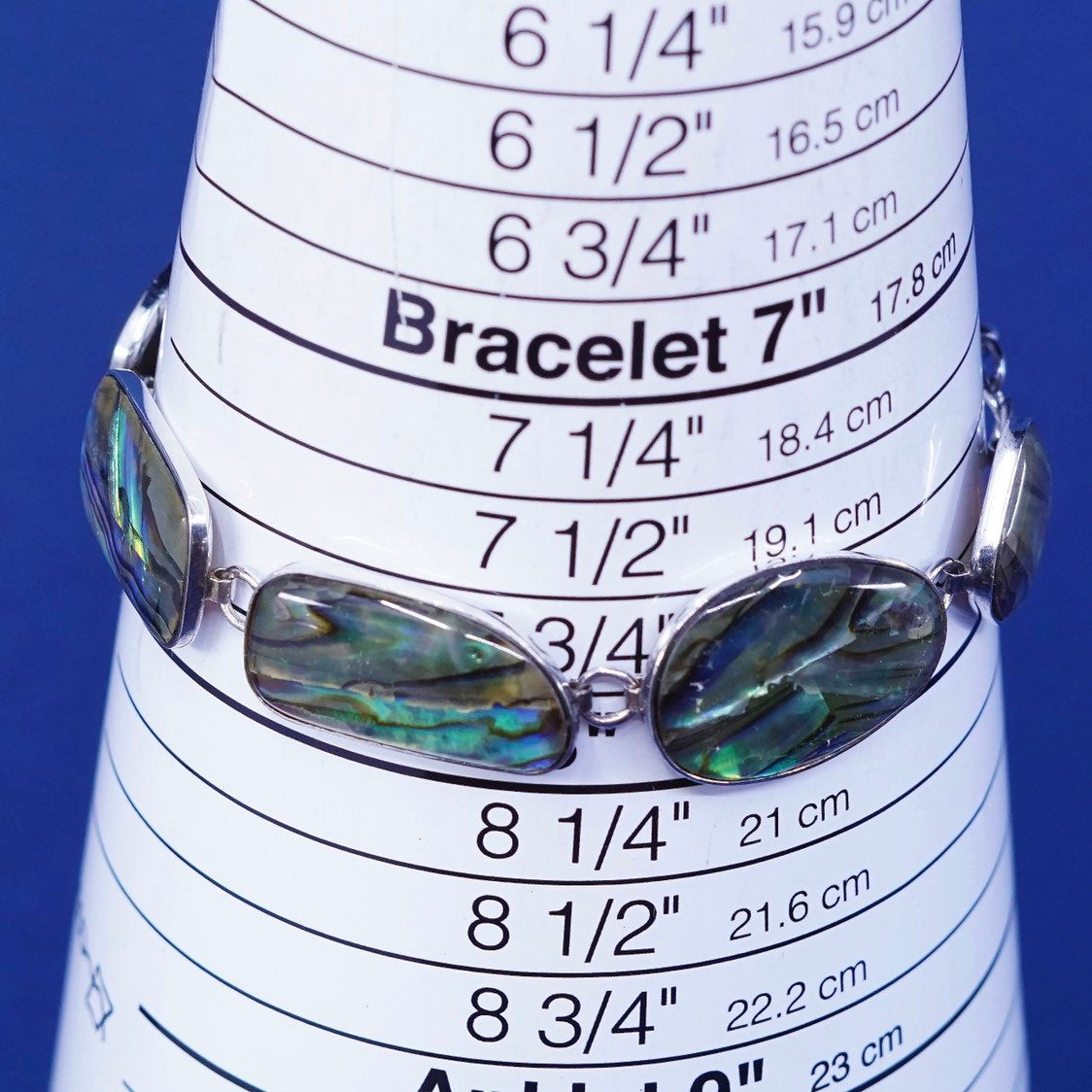 6.75”+1", vtg sterling silver handmade bracelet, 925 w/ abalone links N toggle