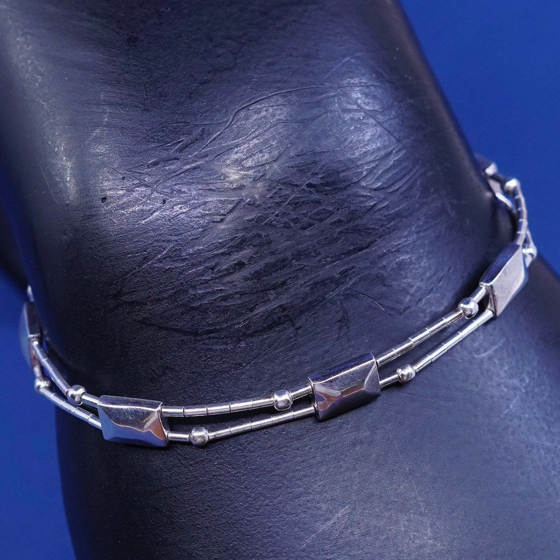 7", vtg sterling handmade bracelet, 925 liquid silver bracelet w/ square