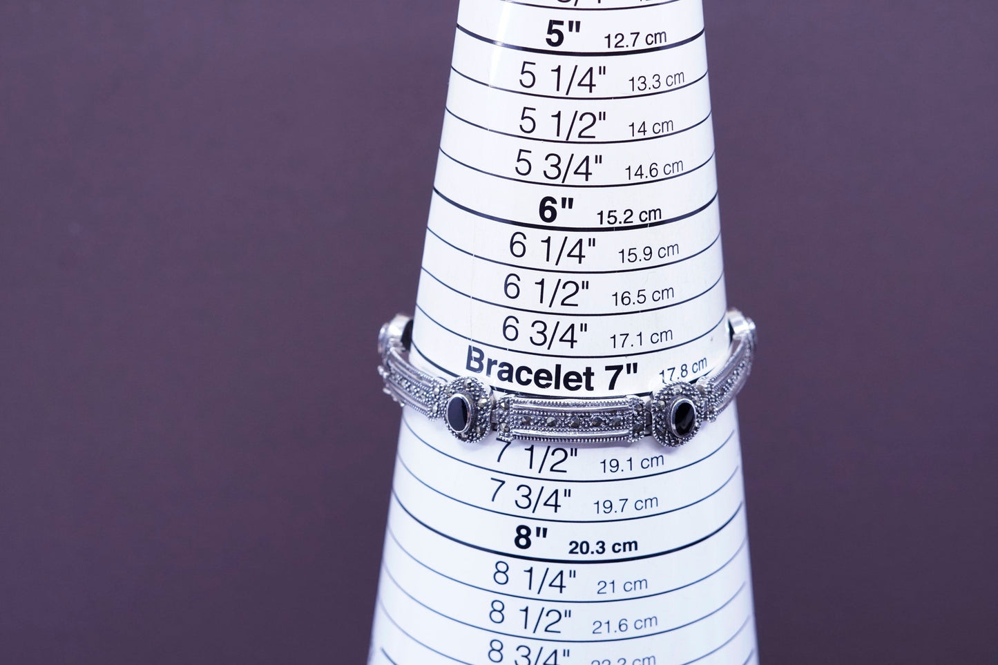 7.25”, Sterling silver bracelet, 925 tennis bracelet w/ marcasite obsidian