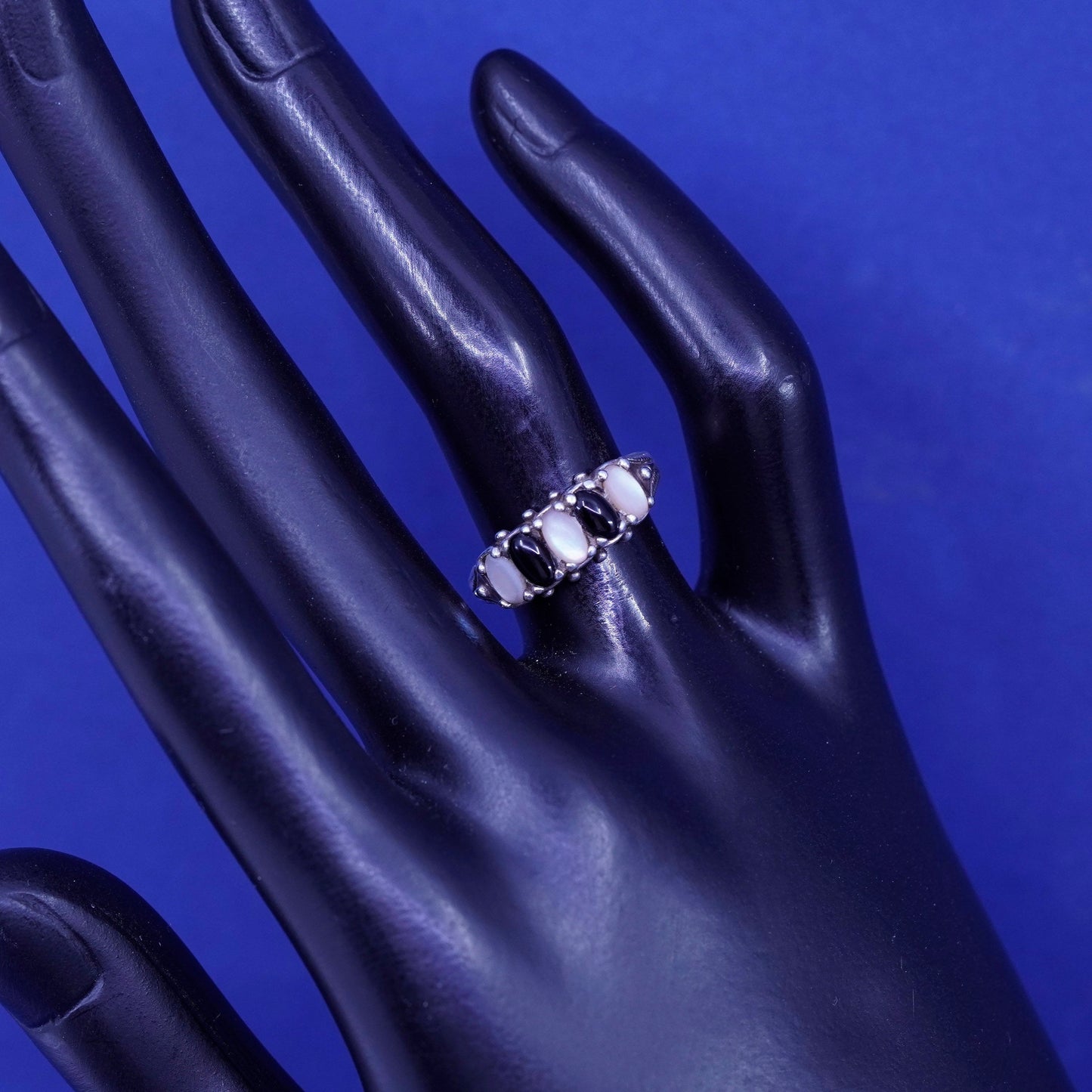 Size 6, CAROLYN POLLACK RELIOS Sterling 925 silver stackable ring obsidian MOP