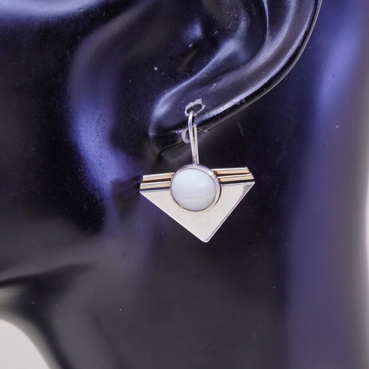 PJP gold filled sterling silver earrings, modern 925 disc w/ mother of pearl