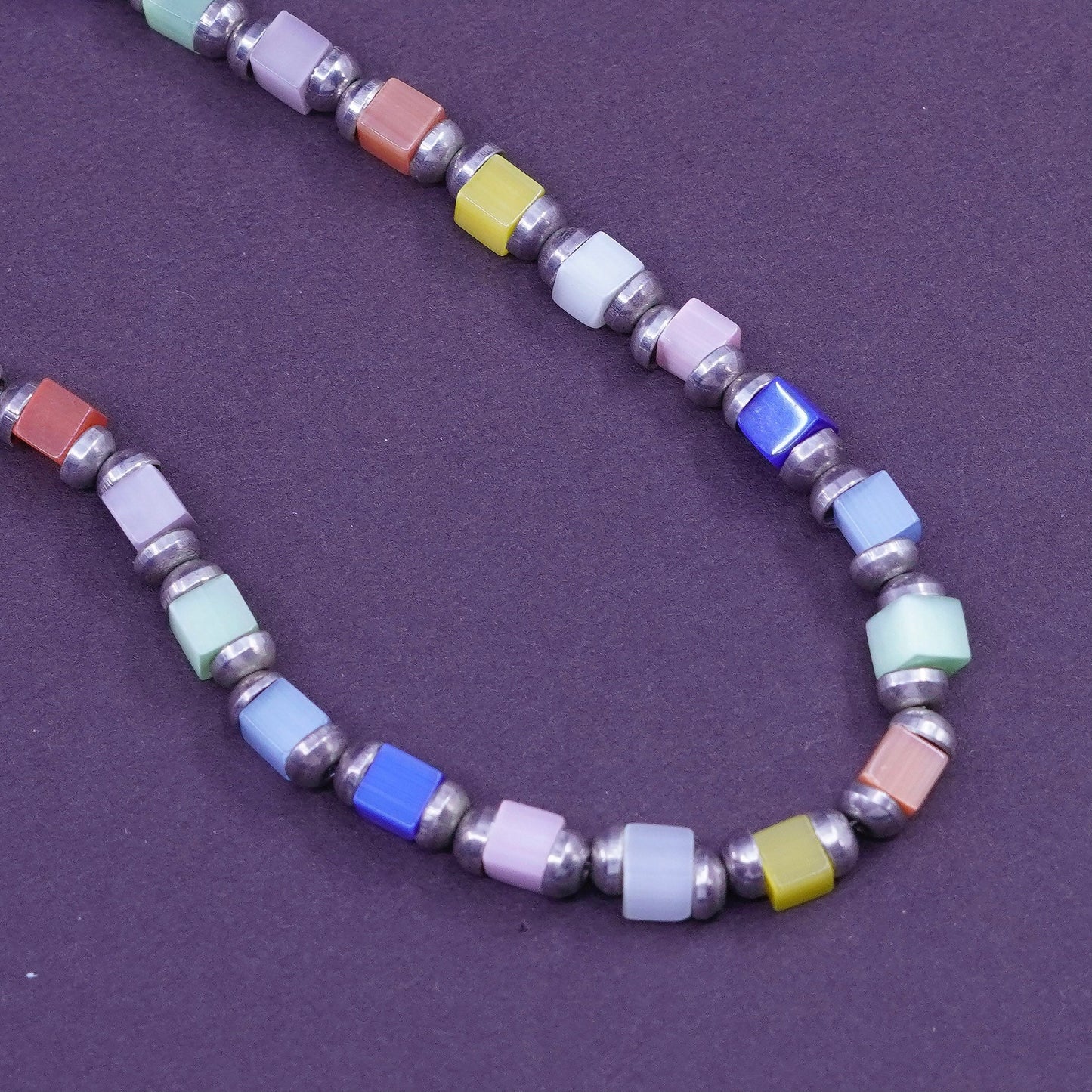 18”, sterling silver handmade necklace, 925 heishi chain with cats eye beads