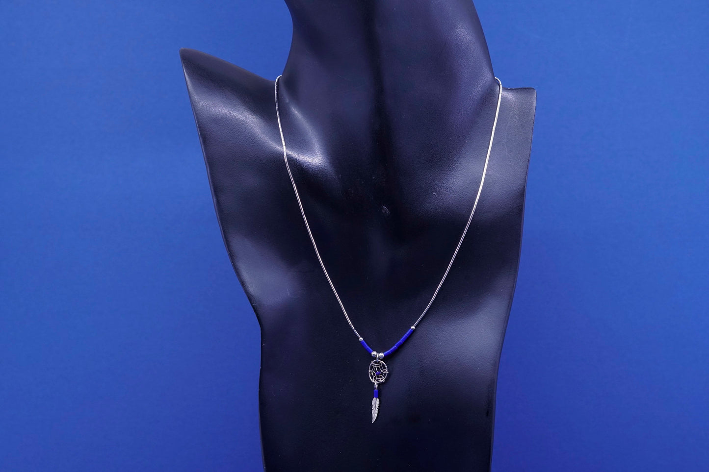 16”, Native Navajo Sterling 925 liquid silver chain lapis bead feather pendant