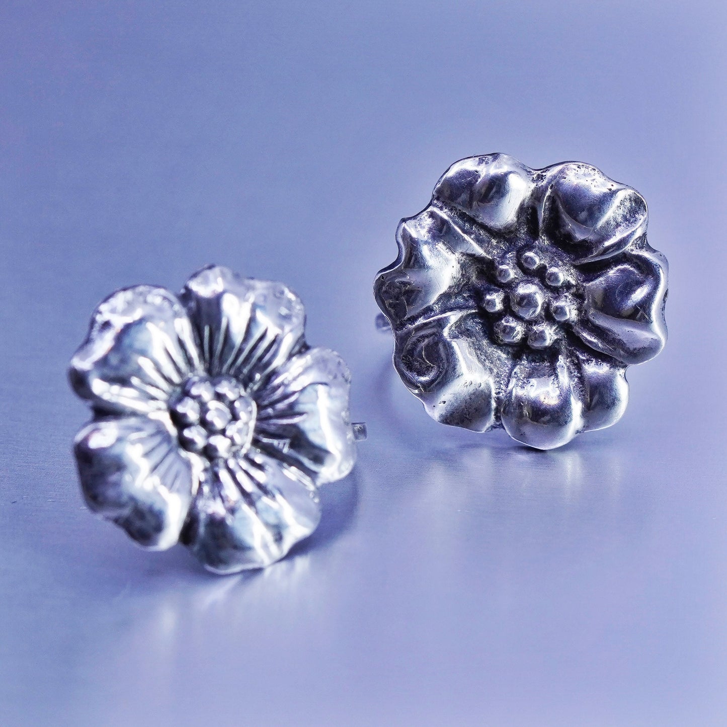Vintage Sterling 925 silver handmade earrings, screw back flower