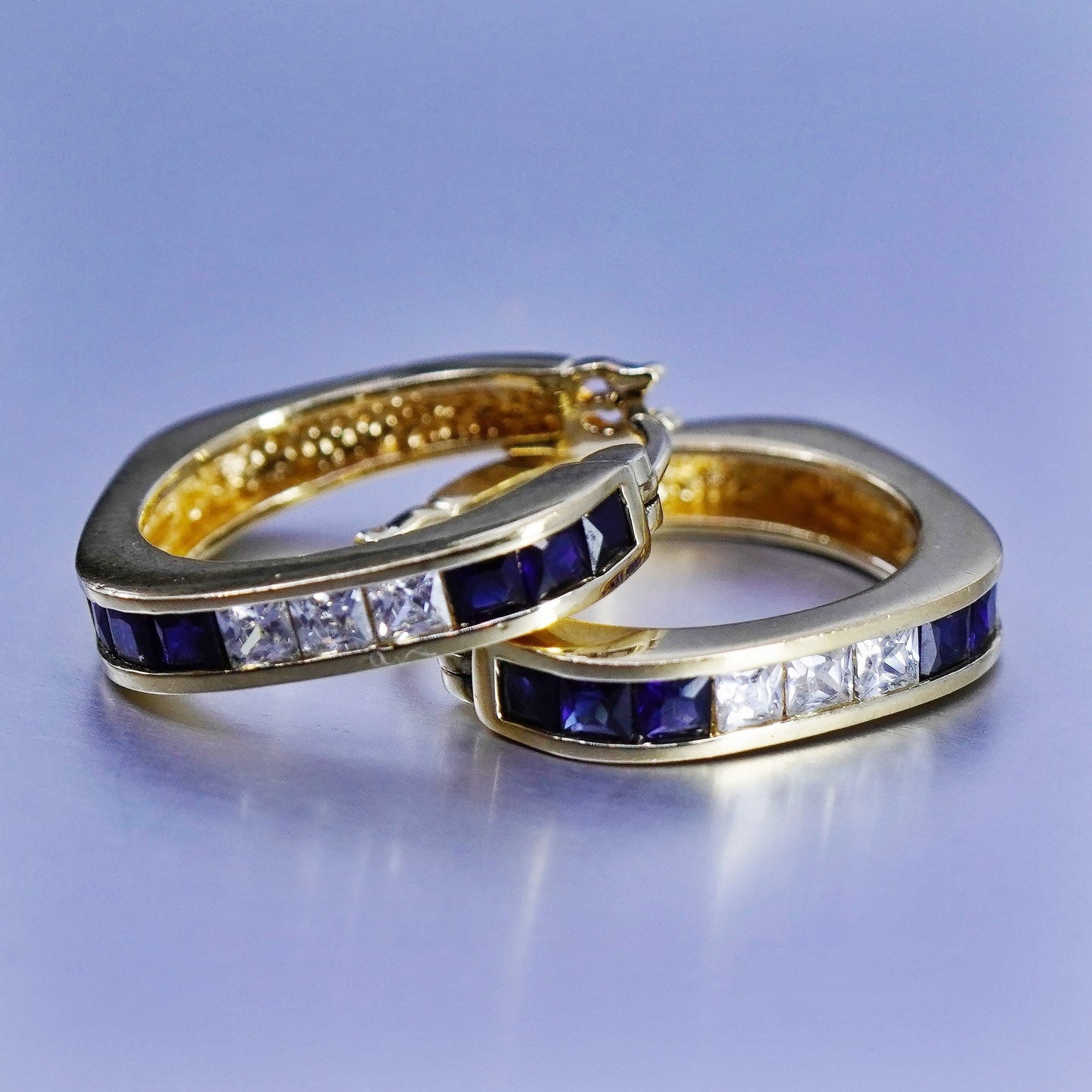 0.75”, vermeil gold over Sterling silver earrings, square 925 hoops sapphire cz