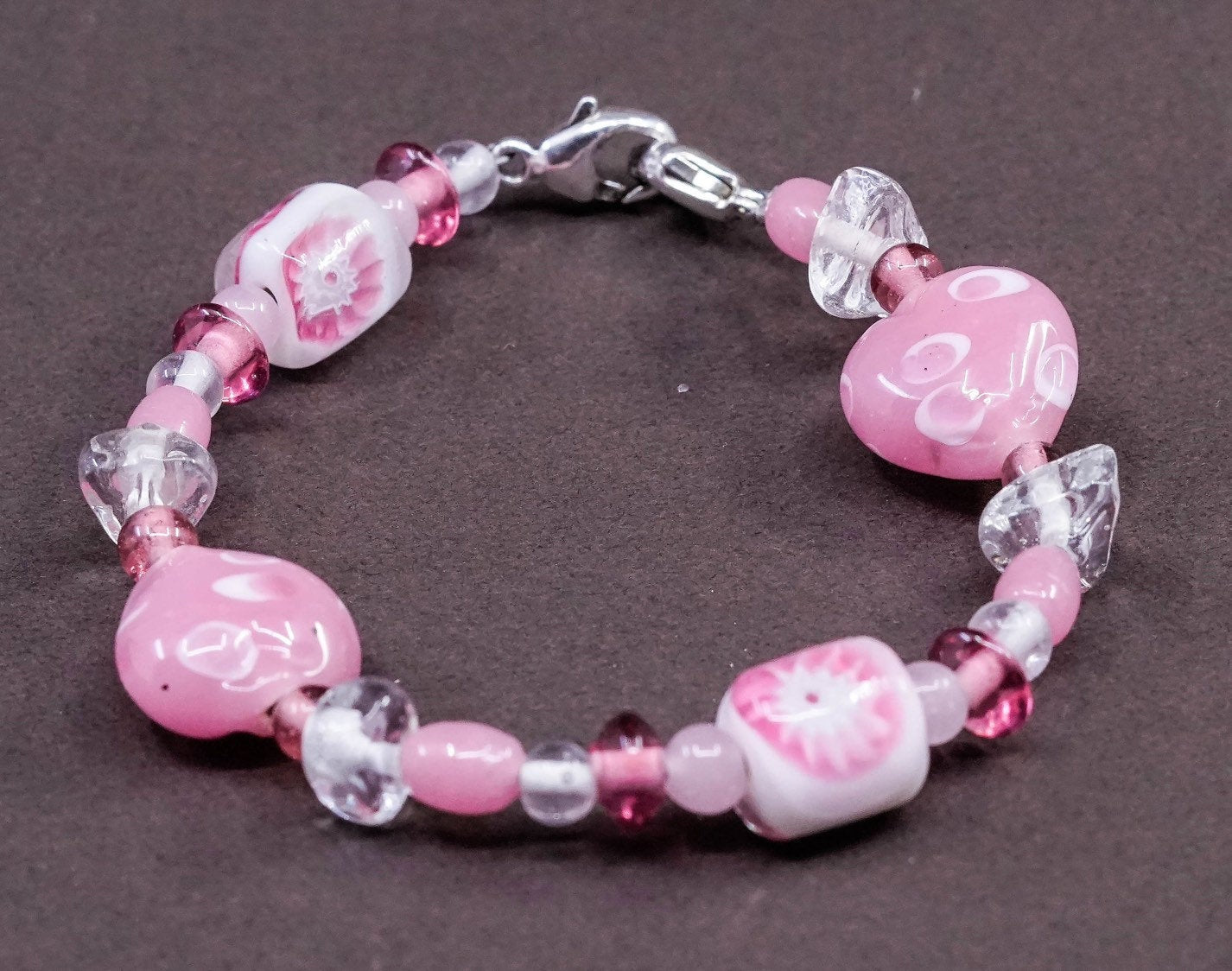 6”, vtg handmade pink artisan glass bead bracelet w/ 925 silver clasp
